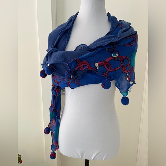 SCARF Blue Sheer Bias Cut Two Tone Blue Circles Pom Poms Ruffle Artsy Casual - Picture 4 of 12